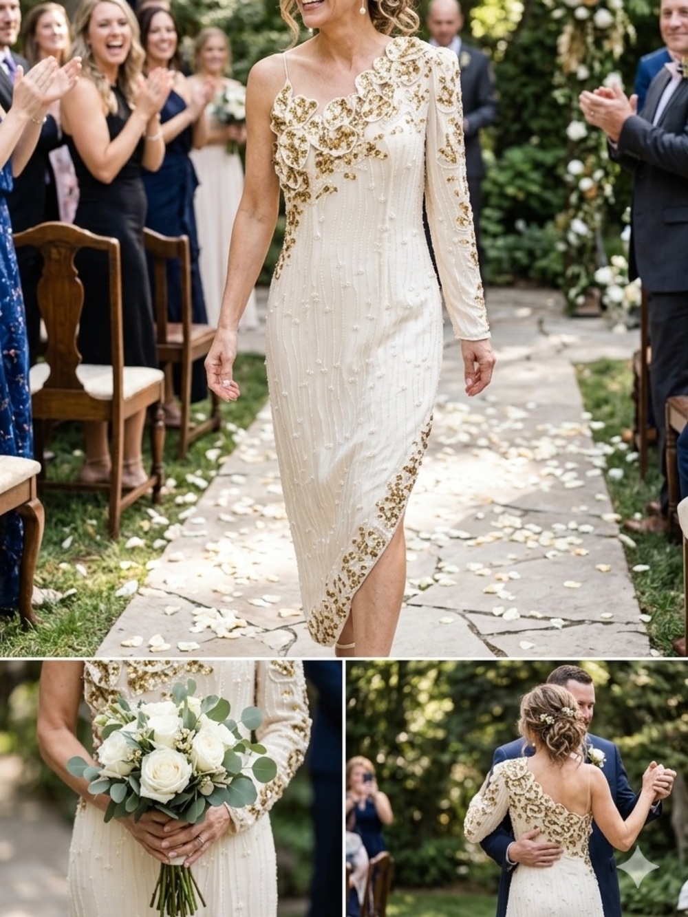 Demetrios One-Shoulder Ivory silk Dress with Gold Floral Embellishment